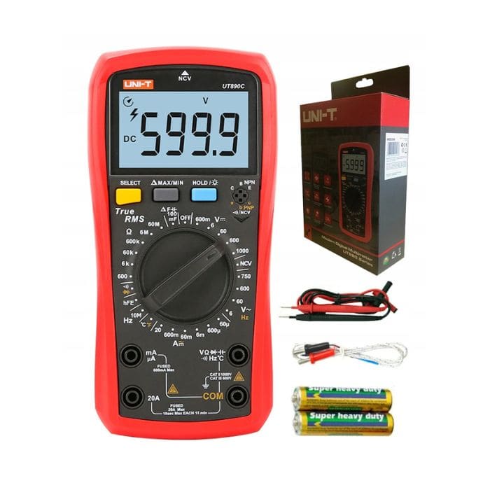 Complete UNI-T UT890C HVAC Multimeter Kit - Unboxing Content Includes Digital Tester, Test Leads, K-Type Thermocouple Temperature Probe, and Batteries - True RMS Electrical Maintenance Set