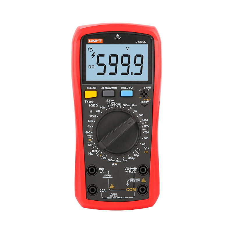 Front View of UNI-T UT890C True RMS Digital Multimeter - 6000 Count Professional Electrician Tool - Displaying High Voltage Reading 599.9V - Manual Ranging Industrial Voltmeter