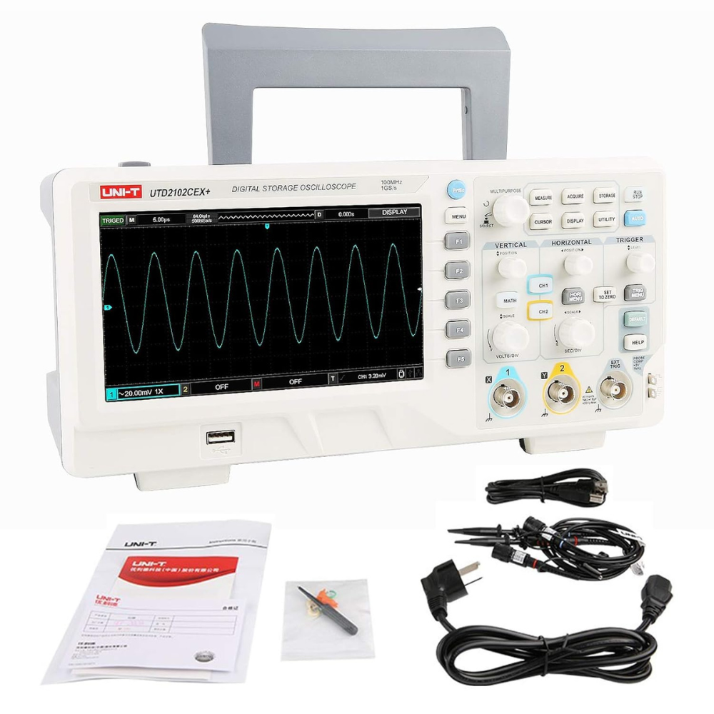 UNI-T UTD2102CEX 100MHz oscilloscope complete value kit 2 probes power cord USB manual - Cost-effective digital storage scope circuit analysis technical training Sri Lanka.