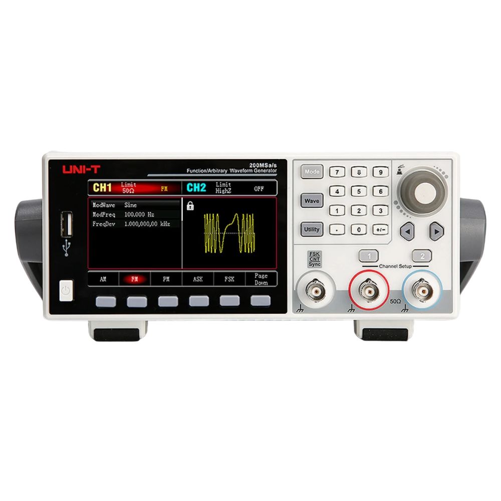 Front view of the UNI-T UTG1022X 20MHz dual-channel function and arbitrary waveform generator with its 4.3-inch TFT screen, control keys, and output connectors.
