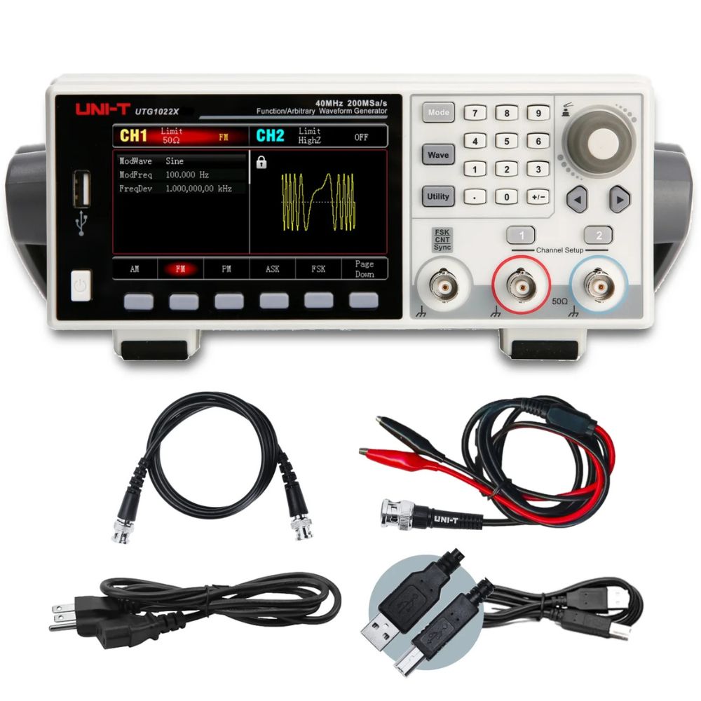 UNI-T UTG1022X 20MHz waveform generator with accessories: power cord, USB cable, BNC cable, BNC-to-alligator clip cable, and user manual.
