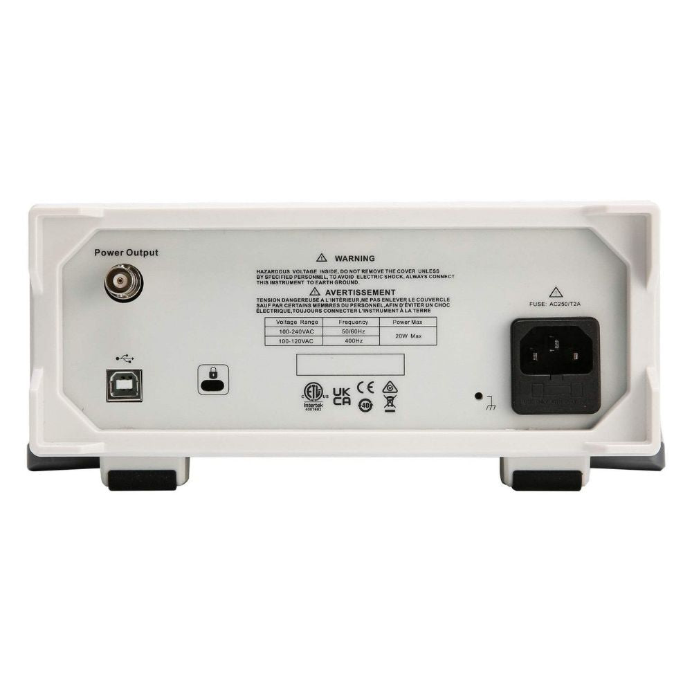 Rear panel of the UNI-T UTG1022X 20MHz waveform generator showing the AC power inlet, fuse holder, and ventilation area.
