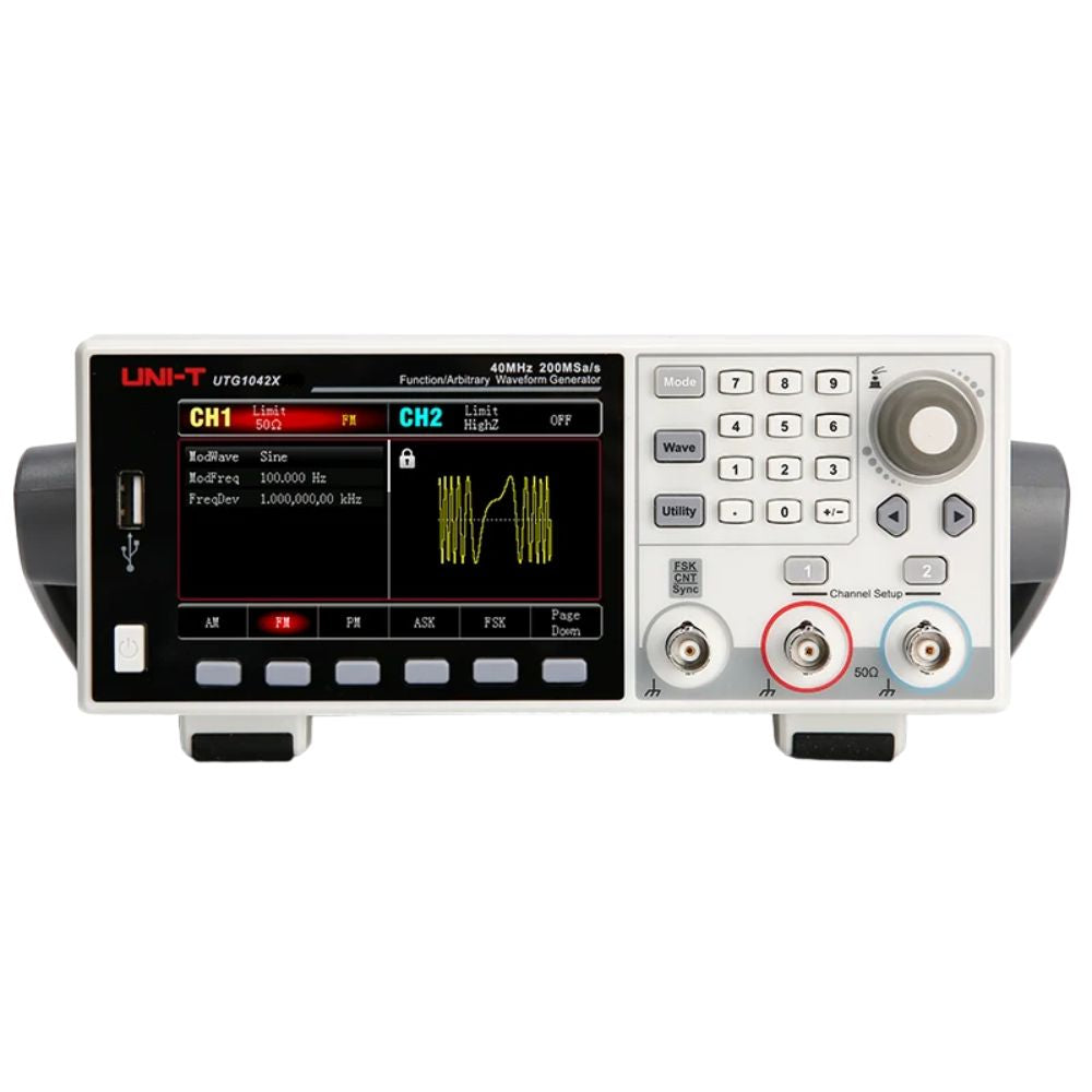Front view of the UNI-T UTG1042X 40MHz dual-channel function and arbitrary waveform generator showing its 4.3-inch TFT display, keypad, and CH1 and CH2 output connectors.