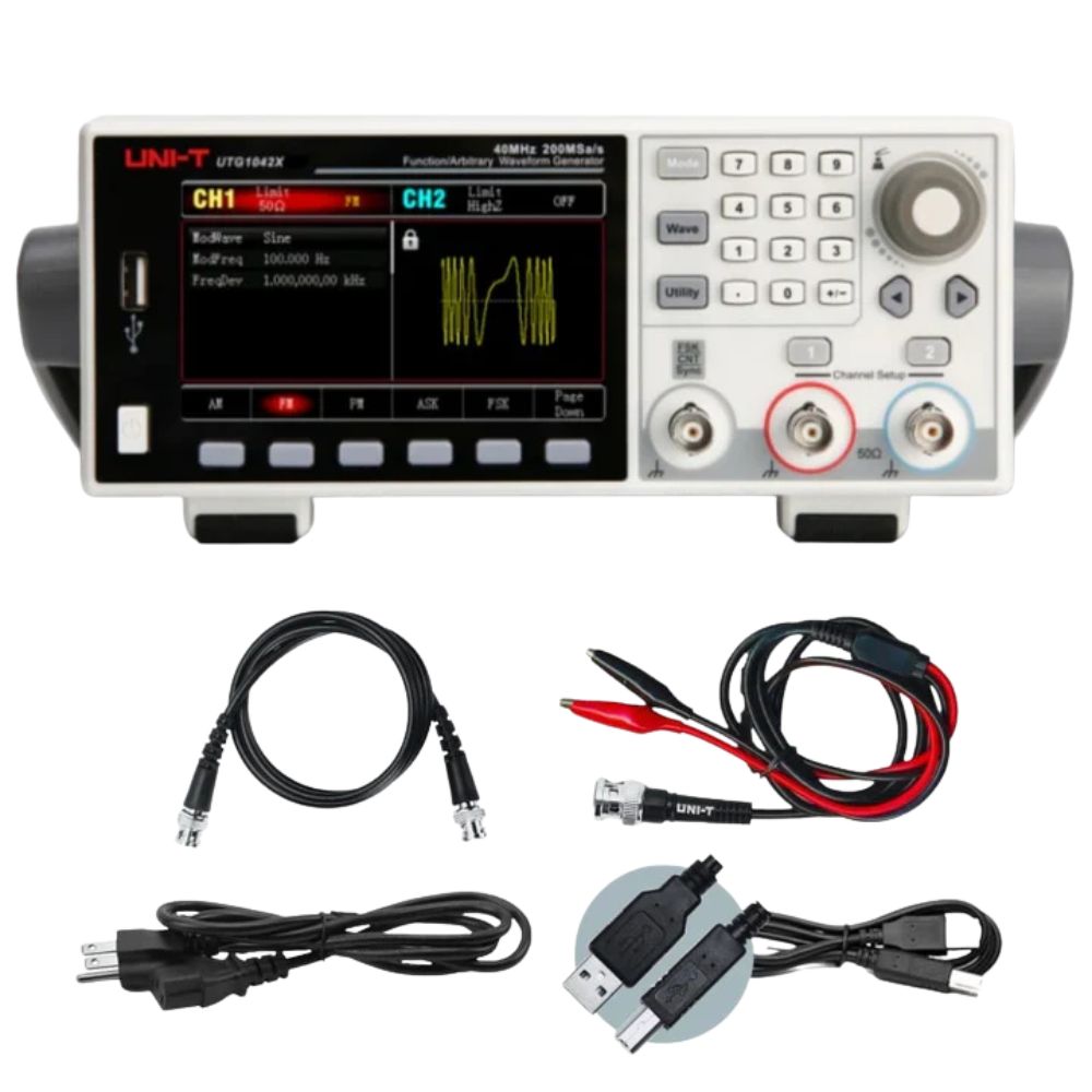 UNI-T UTG1042X 40MHz waveform generator full set with power cord, USB cable, BNC-to-BNC cable, BNC-to-alligator clip cable, and user manual.