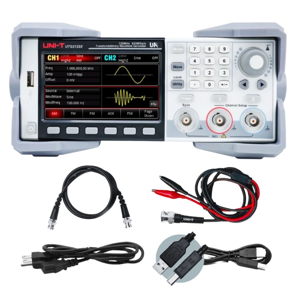 UNI-T UTG2062X 60MHz waveform generator boxed set with power cord, USB cable, BNC-to-BNC cable, BNC-to-alligator clip cable, and user manual.