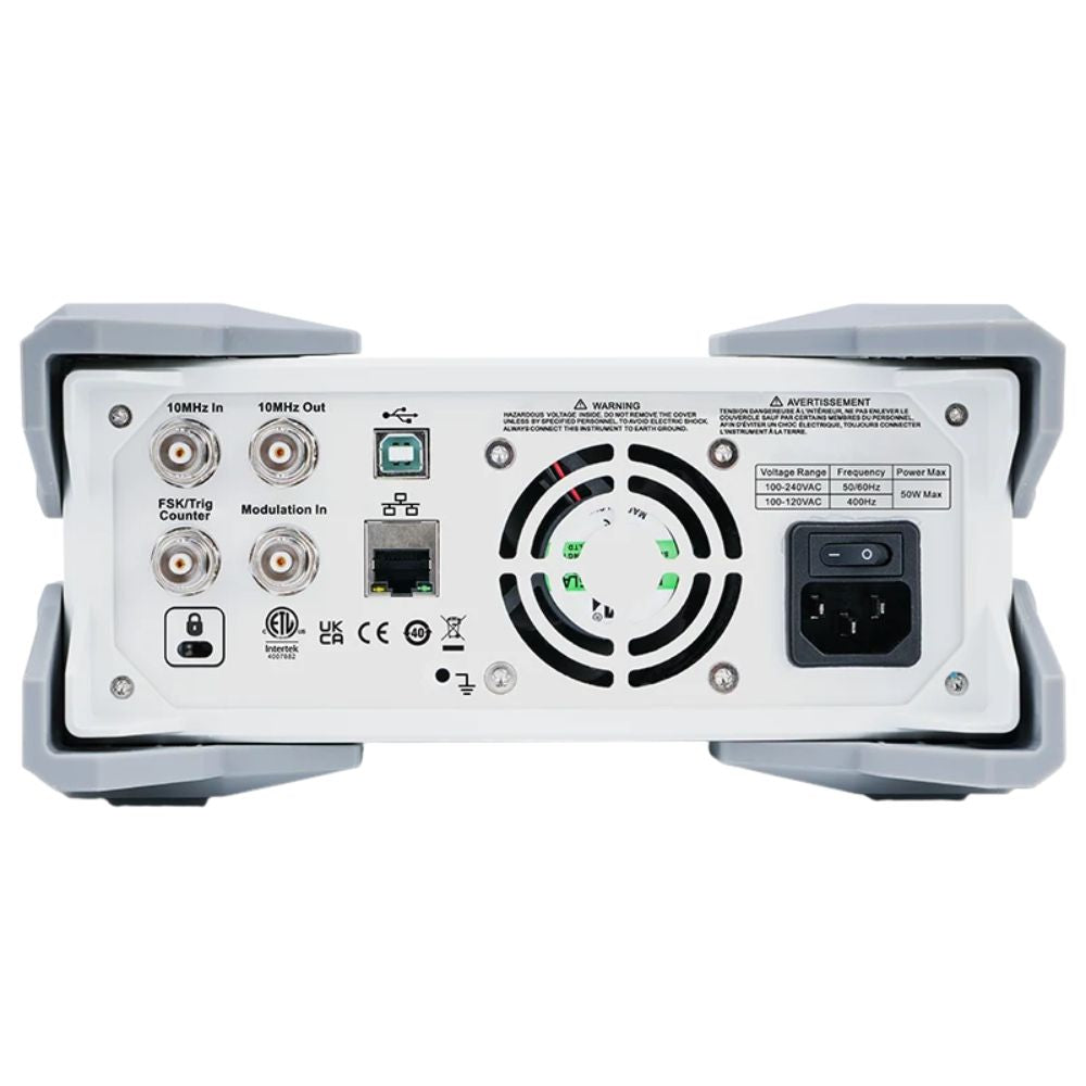 Rear panel of the UNI-T UTG2062X 60MHz waveform generator showing the AC power inlet, LAN port, USB ports, trigger and sync connectors, and ventilation area.