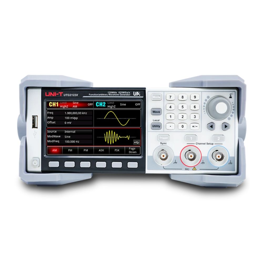 Front view of the UNI-T UTG2122X 120MHz dual-channel function and arbitrary waveform generator showing its 4.3-inch capacitive touchscreen, control keys, and CH1 and CH2 output connectors.