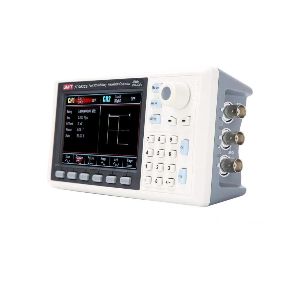 Front view of the UNI-T UTG932E 30MHz dual-channel function and arbitrary waveform generator showing its 4.3-inch TFT colour display, numeric keypad, and channel controls.