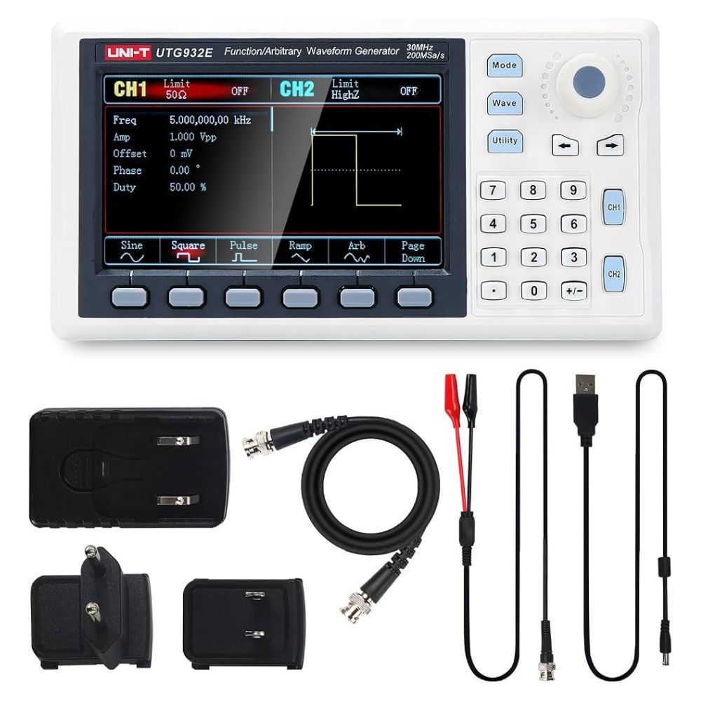 UNI-T UTG932E 30MHz waveform generator full package including power adapter, 1m BNC cable, BNC-to-alligator clip cable, and user manual.