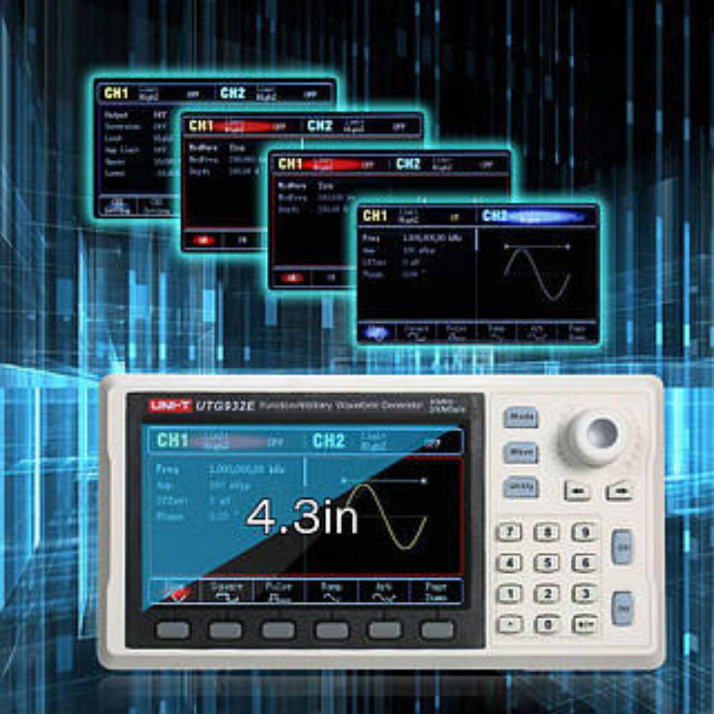 UNI-T UTG932E 30MHz waveform generator display screen showing sine, square, pulse, ramp, and arbitrary waveform patterns.