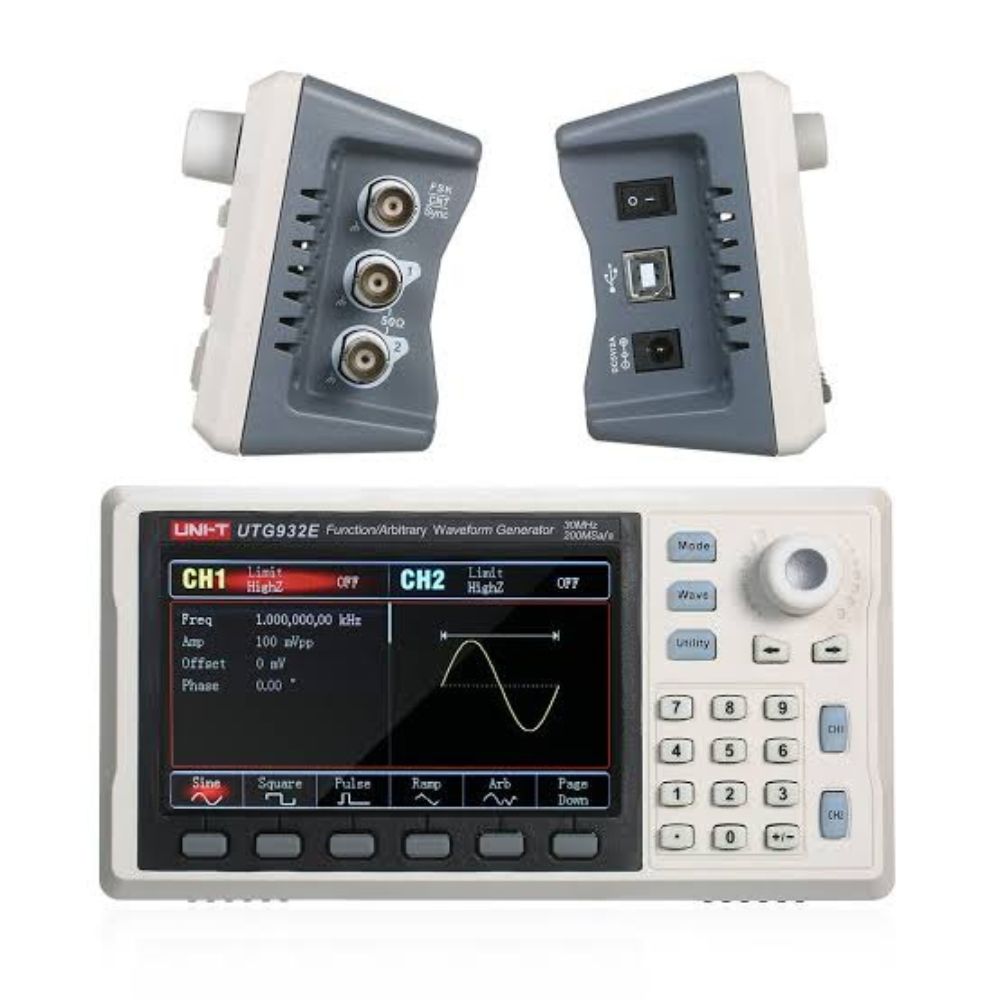 Front and side view of the UNI-T UTG932E 30MHz waveform generator showing CH1 and CH2 output ports, USB device port, 5V DC power input, and sync/counter connector.