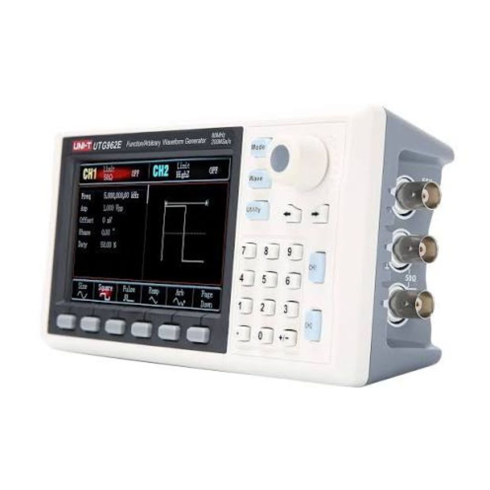 Front view of the UNI-T UTG962E 60MHz dual-channel function and arbitrary waveform generator showing its 4.3-inch TFT display and control panel.