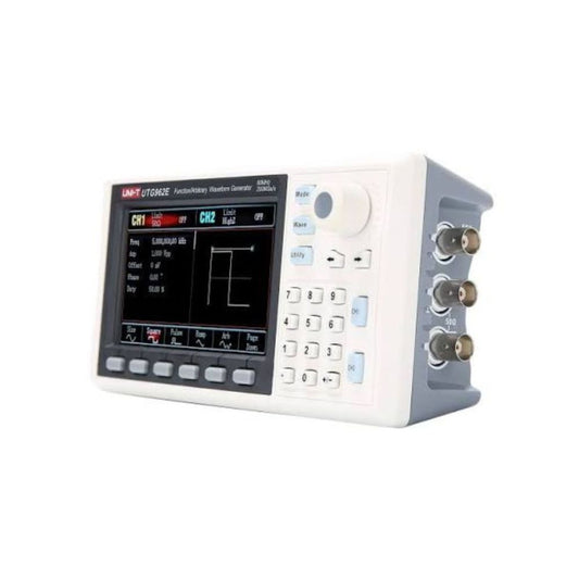 Front view of the UNI-T UTG962E 60MHz dual-channel function and arbitrary waveform generator showing its 4.3-inch TFT display and control panel.