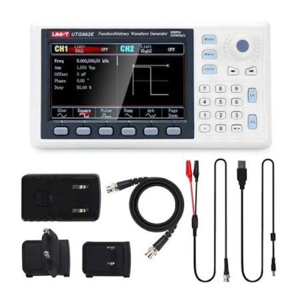 UNI-T UTG962E 60MHz waveform generator complete package with power adapter, BNC cable, BNC-to-alligator clip cable, and user manual.