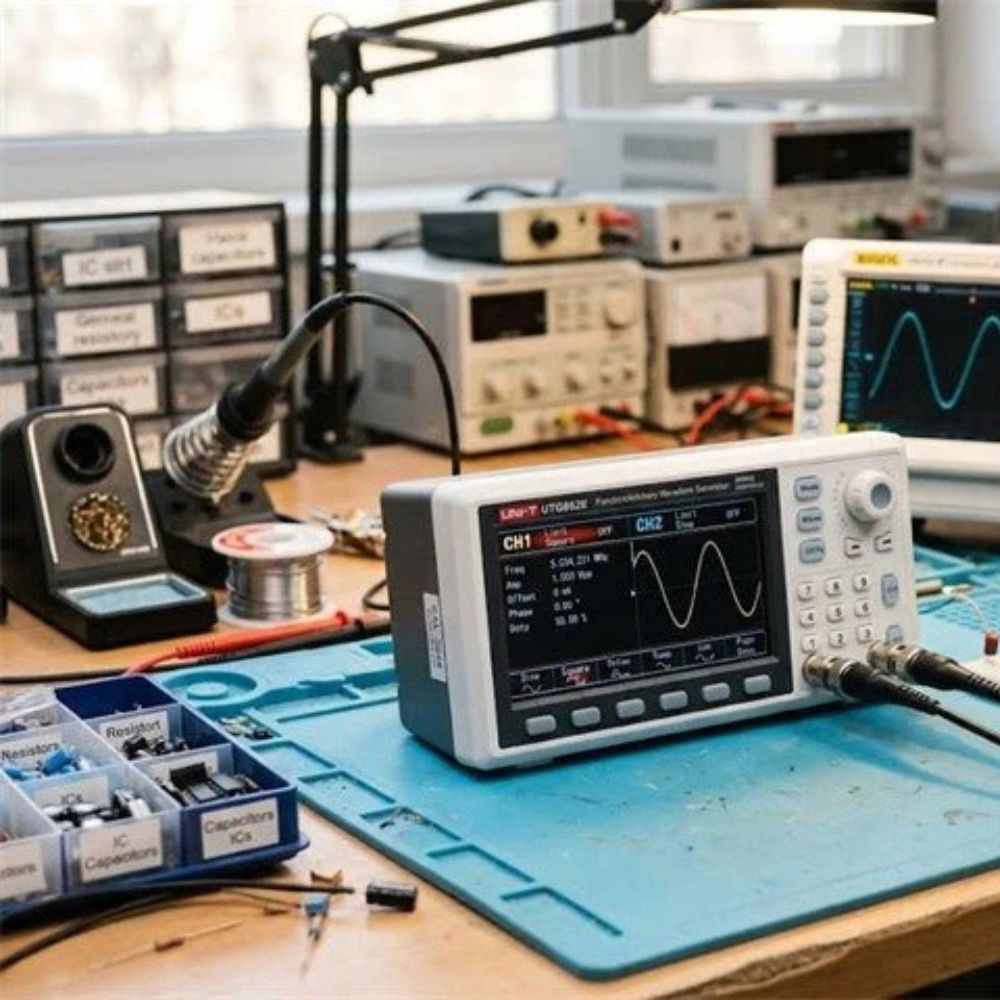 UNI-T UTG962E 60MHz dual-channel waveform generator on an electronics workbench alongside oscilloscope probes, soldering tools, and circuit test equipment.