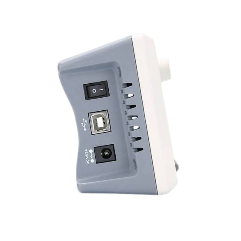 Side view of the UNI-T UTG962E 60MHz waveform generator showing its USB device port, 5V DC power input, and rear panel connectors.