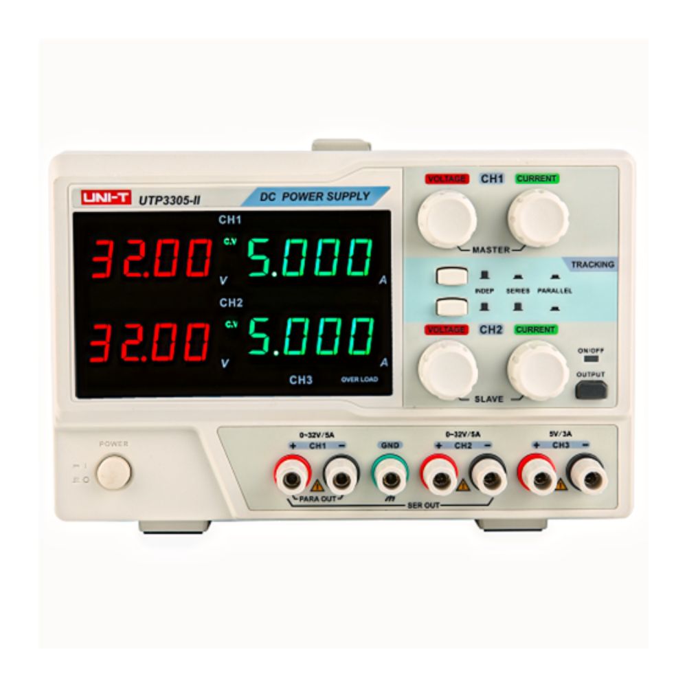 UNI-T UTP3305-II 32V 3-channel linear DC power supply front view – reliable triple-output bench PSU for university labs, electronics prototyping, circuit development.