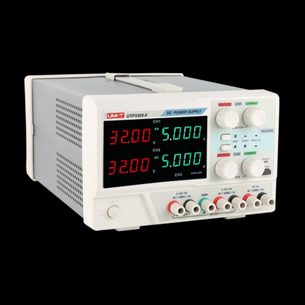 UNI-T UTP3305-II 32V 3-channel DC power supply ready for operation – classic linear bench PSU powering electronics prototype in university laboratory setting.