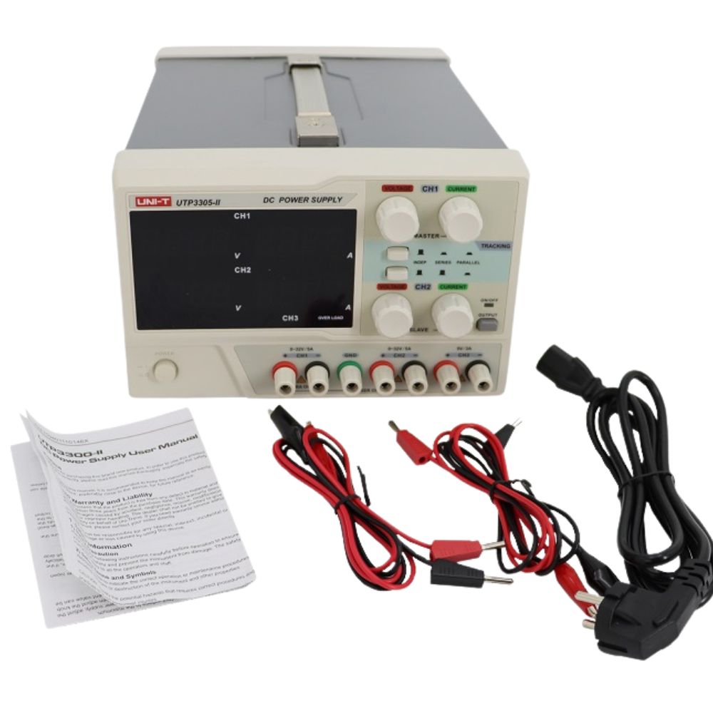UNI-T UTP3305-II 3-channel linear DC power supply complete package – classic bench power unit with test leads, USB cable for electronics teaching and workshops.