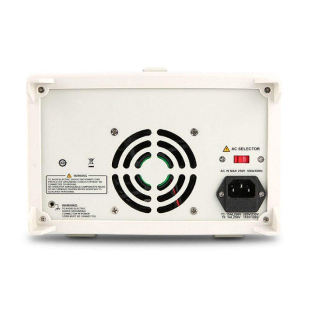 UNI-T UTP3305-II 3-channel linear DC power supply rear panel view – USB port, banana jacks, power inlet for reliable electronics teaching laboratory workstation.