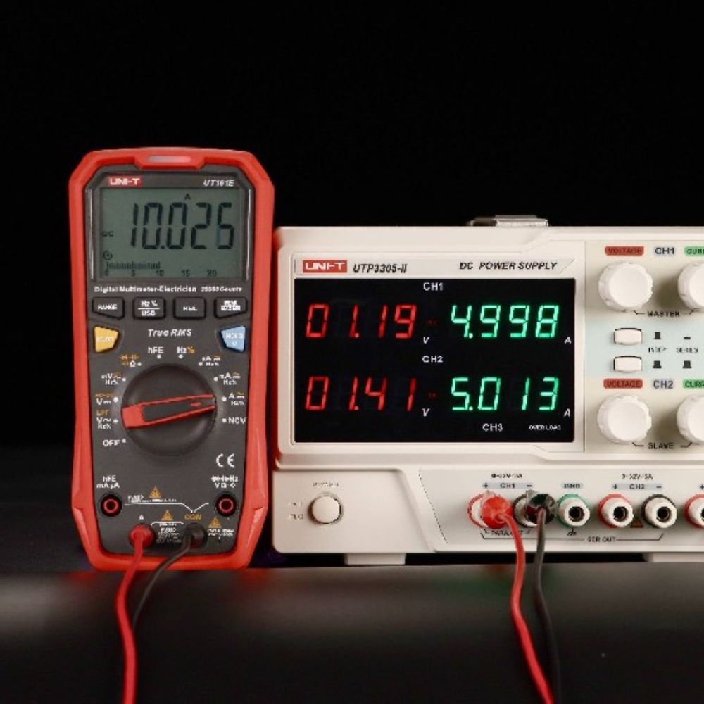 UNI-T UTP3305-II triple-output linear DC PSU testing digital multimeter – precision bench power source for instrument calibration and electronics lab verification.
