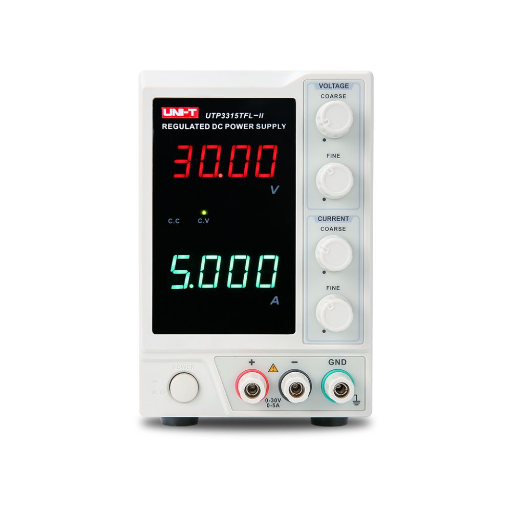 UNI-T UTP3315TFL-II 30V single-channel linear DC power supply front view – high-current bench PSU for power electronics testing, LED arrays, motor drivers, industrial labs.