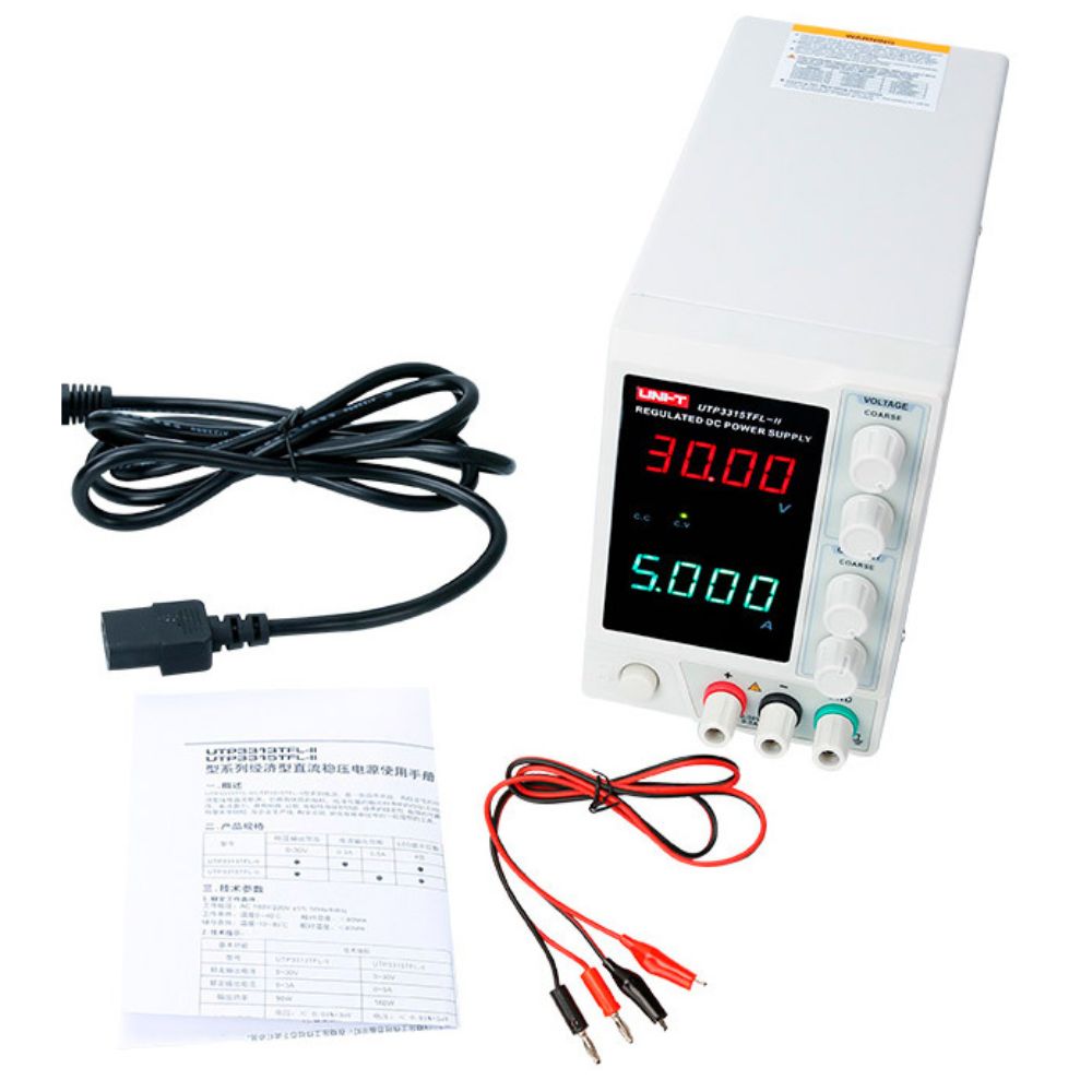 UNI-T UTP3315TFL-II linear DC power supply complete kit – heavy-duty bench power unit with high-current test leads for power electronics workbench and industrial testing.