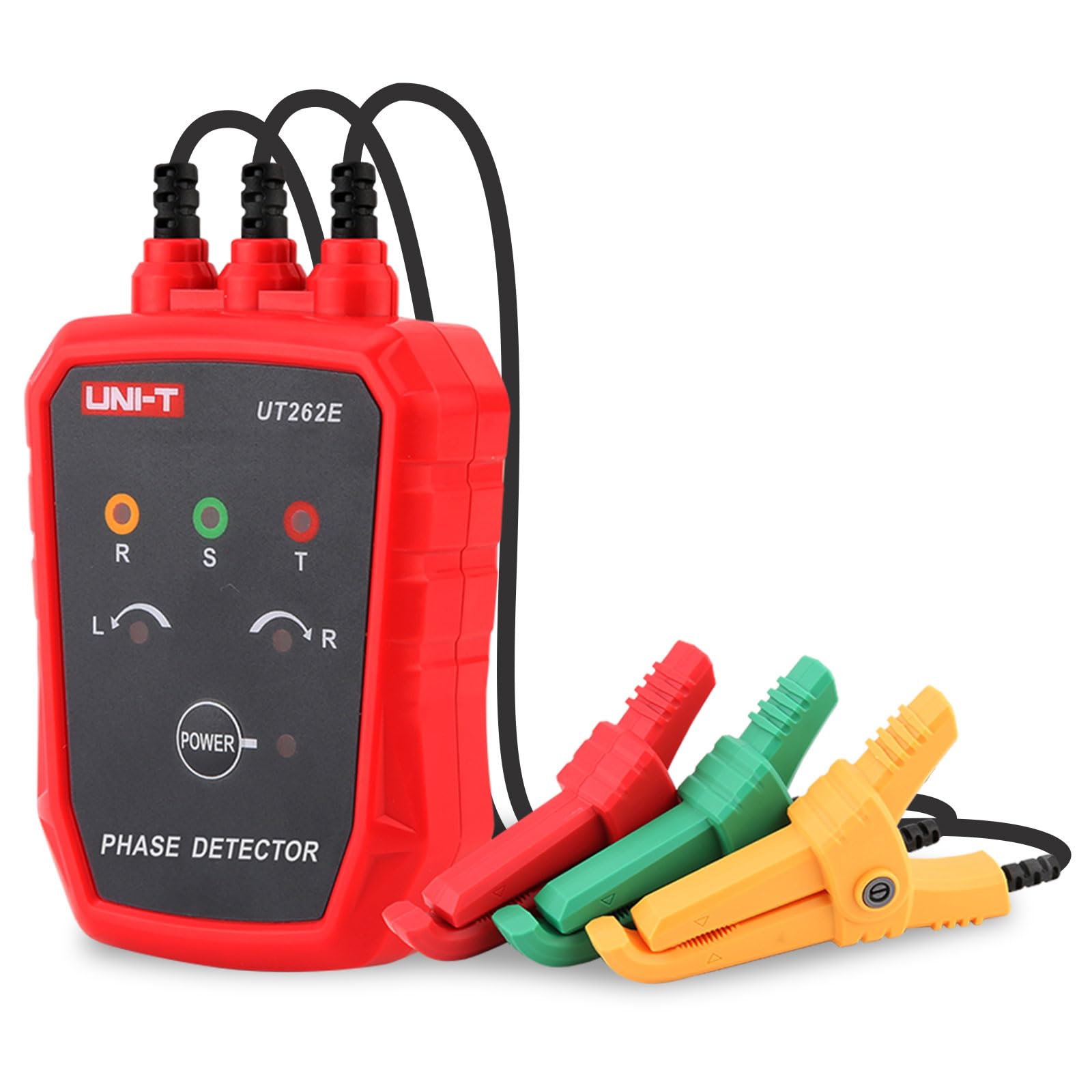 The UNI-T UT262E phase rotation tester with red, green, and yellow test leads connected for phase sequence testing.