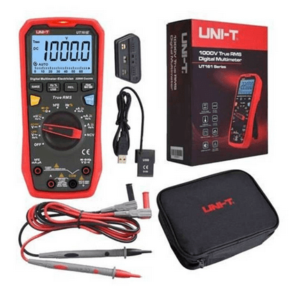 Complete kit of UNI-T UT161E industrial multimeter with retail box, protective carrying pouch, gold-plated test leads, user manual for CAT III 1000V electrical diagnostics.