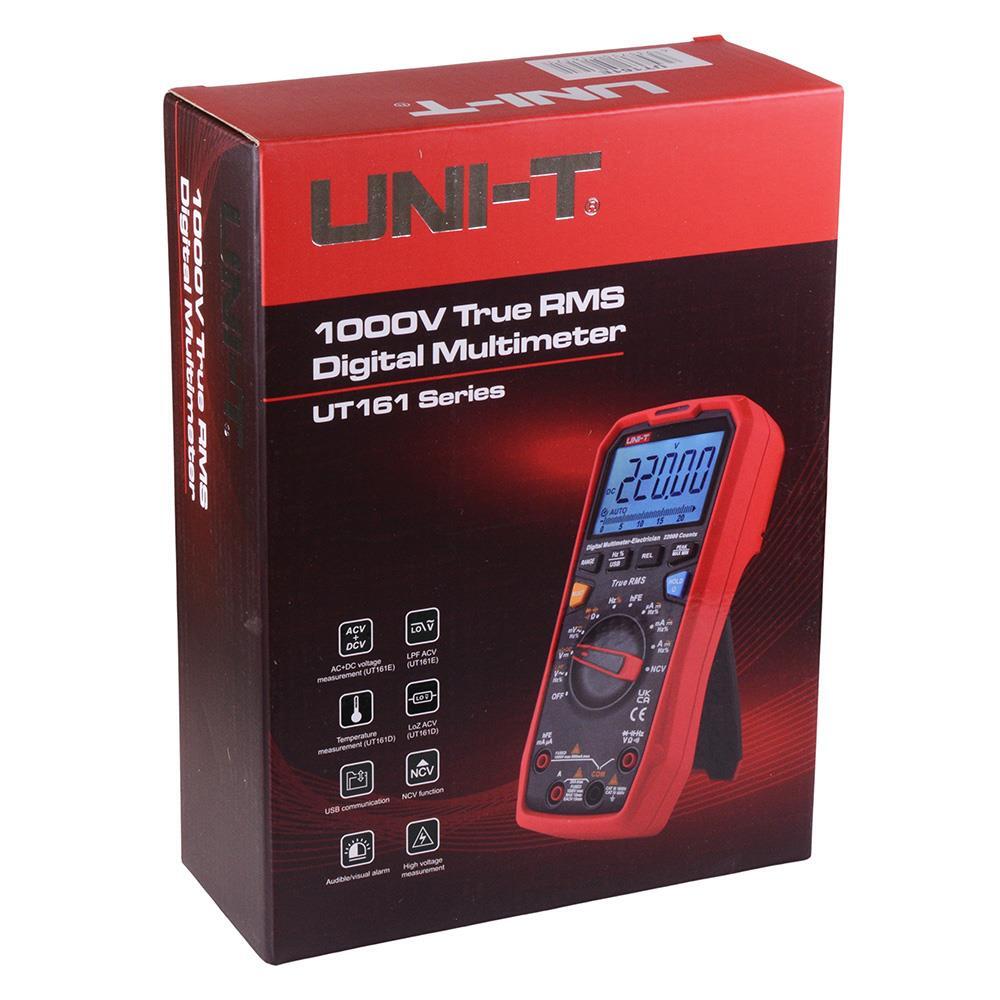 Official retail packaging for UNI-T UT161E 22000-count True RMS multimeter displaying CAT III/IV safety ratings and advanced measurement specifications.
