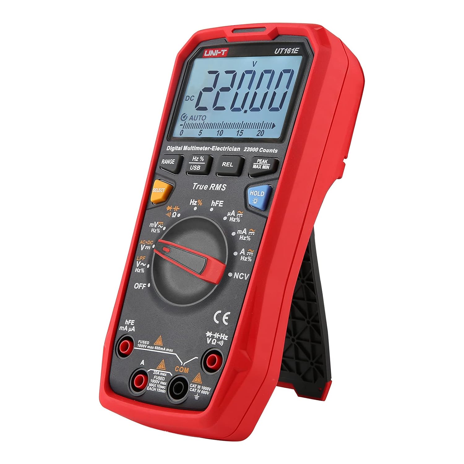 Side profile of UNI-T UT161E auto-ranging multimeter showing 220V reading in AC+DC voltage mode, highlighting ergonomic design for HVAC and electrical field work.