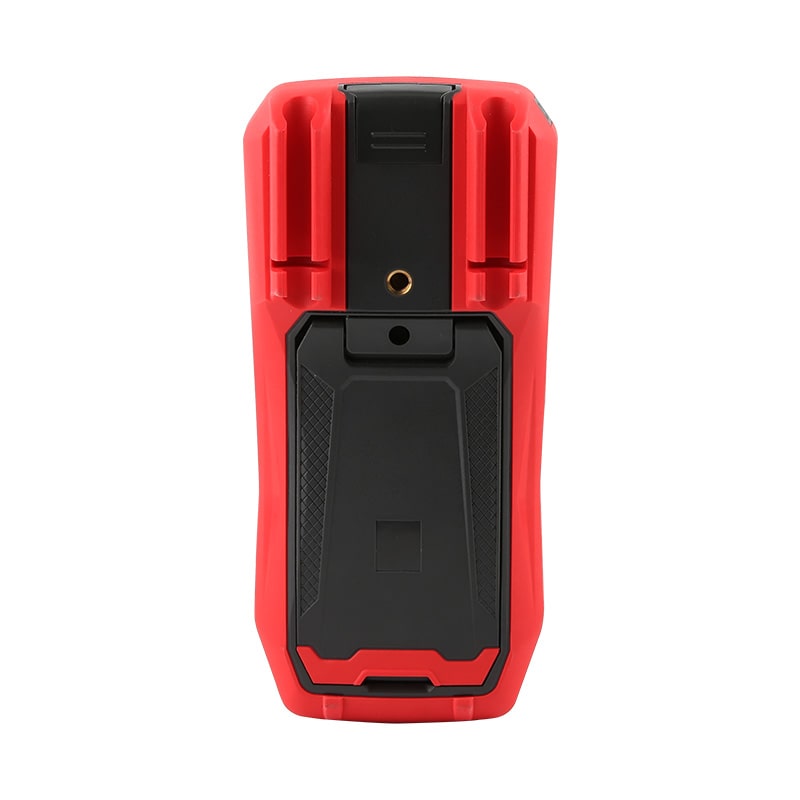 Rear view of UNI-T UT61E+ handheld multimeter showing battery compartment, safety ratings (CAT III 1000V/CAT IV 600V), and kickstand for hands-free field operation.