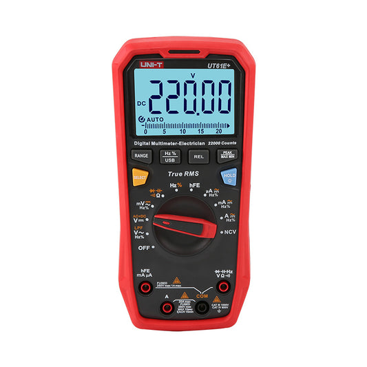 UNI-T UT61E+ professional digital multimeter front view displaying 220V DC in AC+DC voltage mode, featuring 22000 count high-resolution screen for precision electronics and automation troubleshooting.