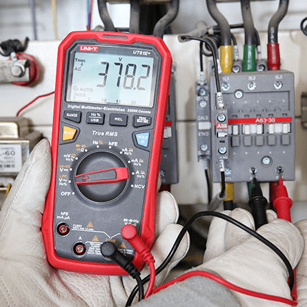 UNI-T UT61E+ measuring 378.2V True RMS on a variable frequency drive using Low Pass Filter (LPF) mode to eliminate high-frequency noise in motor drive maintenance.
