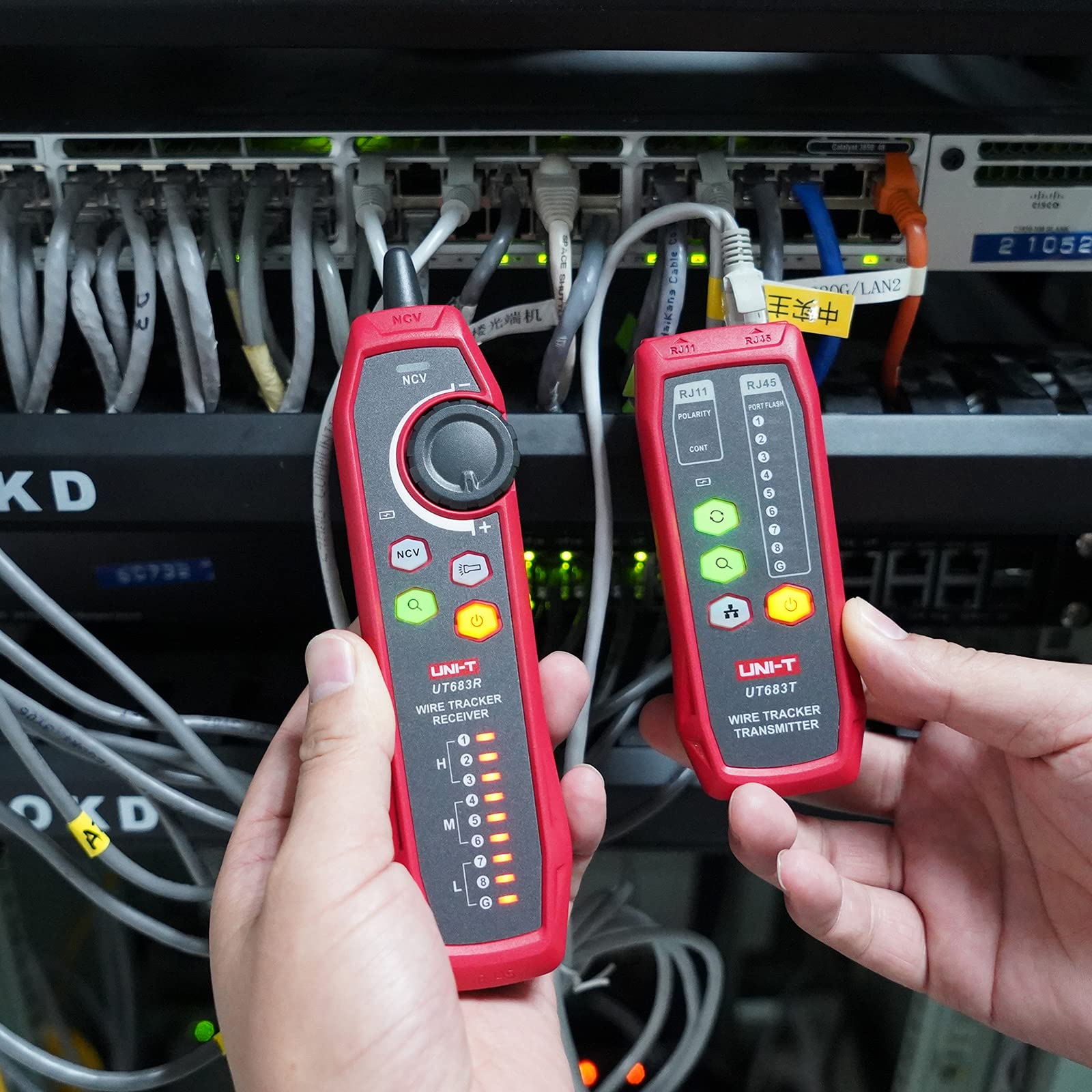 Professional cable tracer UNI-T UT683KIT positioned near a data center network rack, ready for structured cabling troubleshooting and wire mapping tasks.