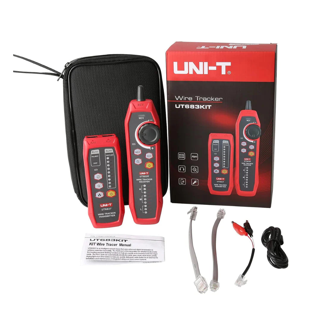 Complete UNI-T UT683KIT network toner and probe kit including transmitter, receiver, carrying pouch, RJ11/RJ45 adapter cables, and user manual for professional cable tracing.