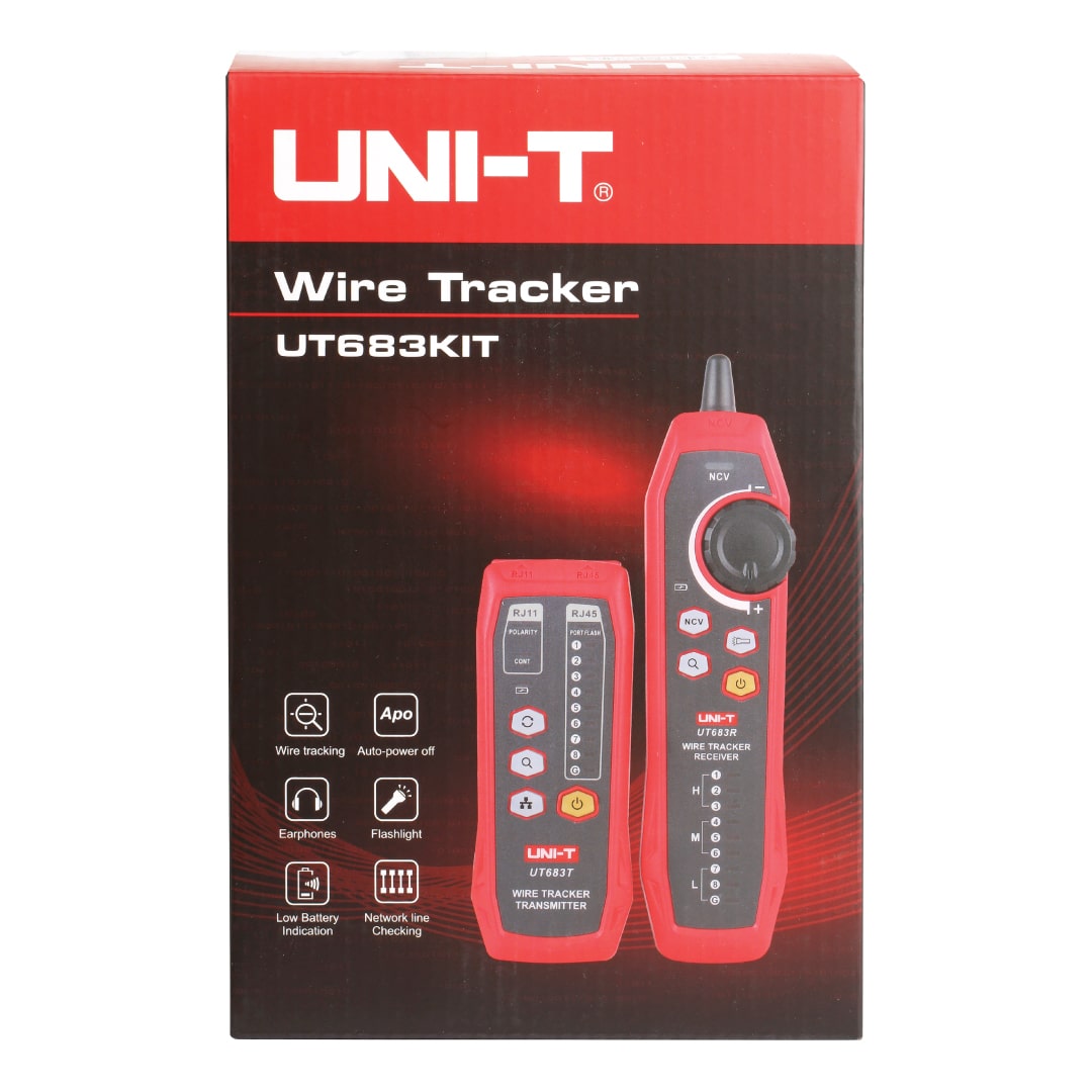 Official retail packaging color box for UNI-T UT683KIT wire tracker, displaying product specifications for network cable finding and anti-interference noise tracing.