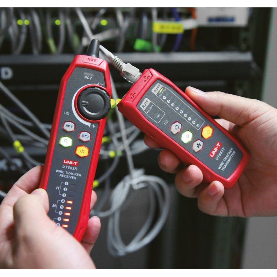 UT683KIT wire finder in Search Mode with transmitter and receiver ready for inspection near a server network rack, illustrating LAN cable tracing and Ethernet port identification.