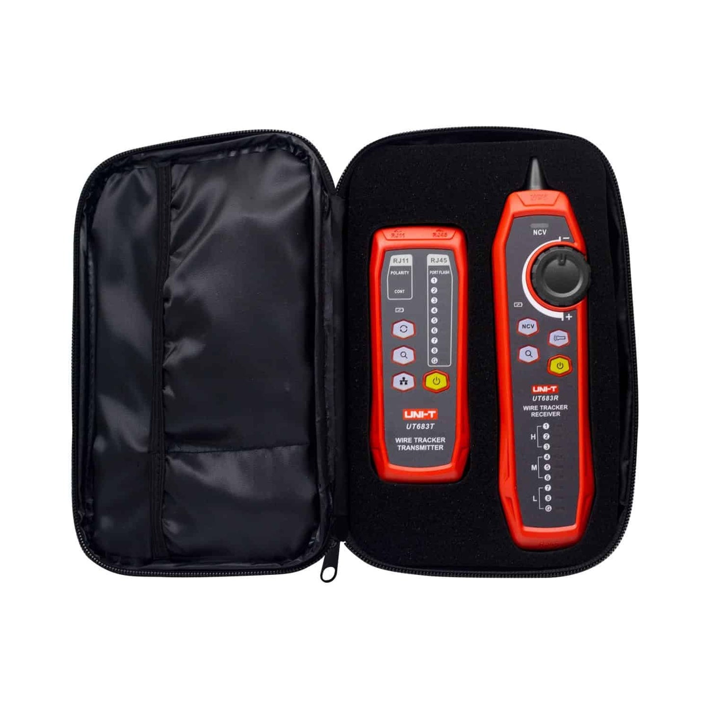 UNI-T UT683KIT intelligent wire tracker neatly organized inside its protective carrying pouch, showing portable storage for telecom technicians and network installers.