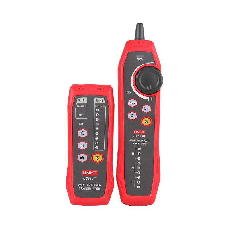 UNI-T UT683KIT wire tracker set featuring UT683T transmitter and UT683R receiver for tracing RJ45 and RJ11 cables, front view closeup showing interface for network installation.