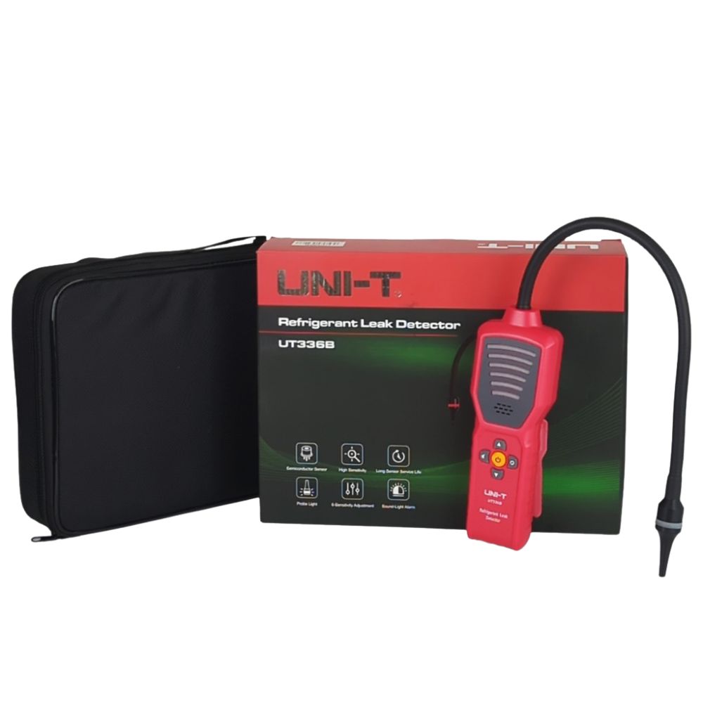 Complete package of the UT336B HVAC freon sniffer, including the main detector unit, alkaline batteries, and protective bag for technicians in Sri Lanka.
