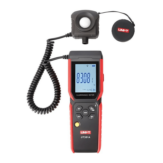 UNI-T UT381A lux meter showing 8308.1 Lux with probe detached, protective cap secured by string for convenient handling.