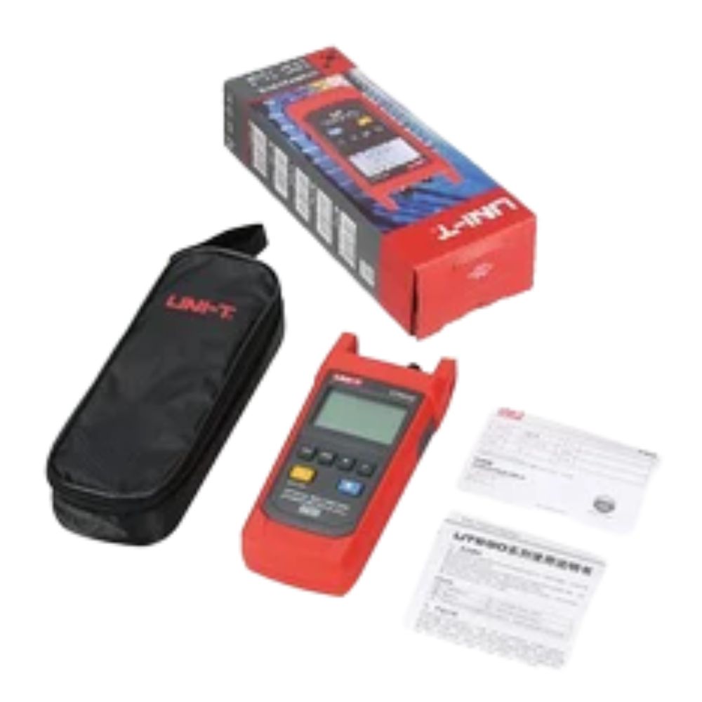 Full package contents of the UT692G optical signal measuring instrument, including carrying pouch, user manual, and batteries.