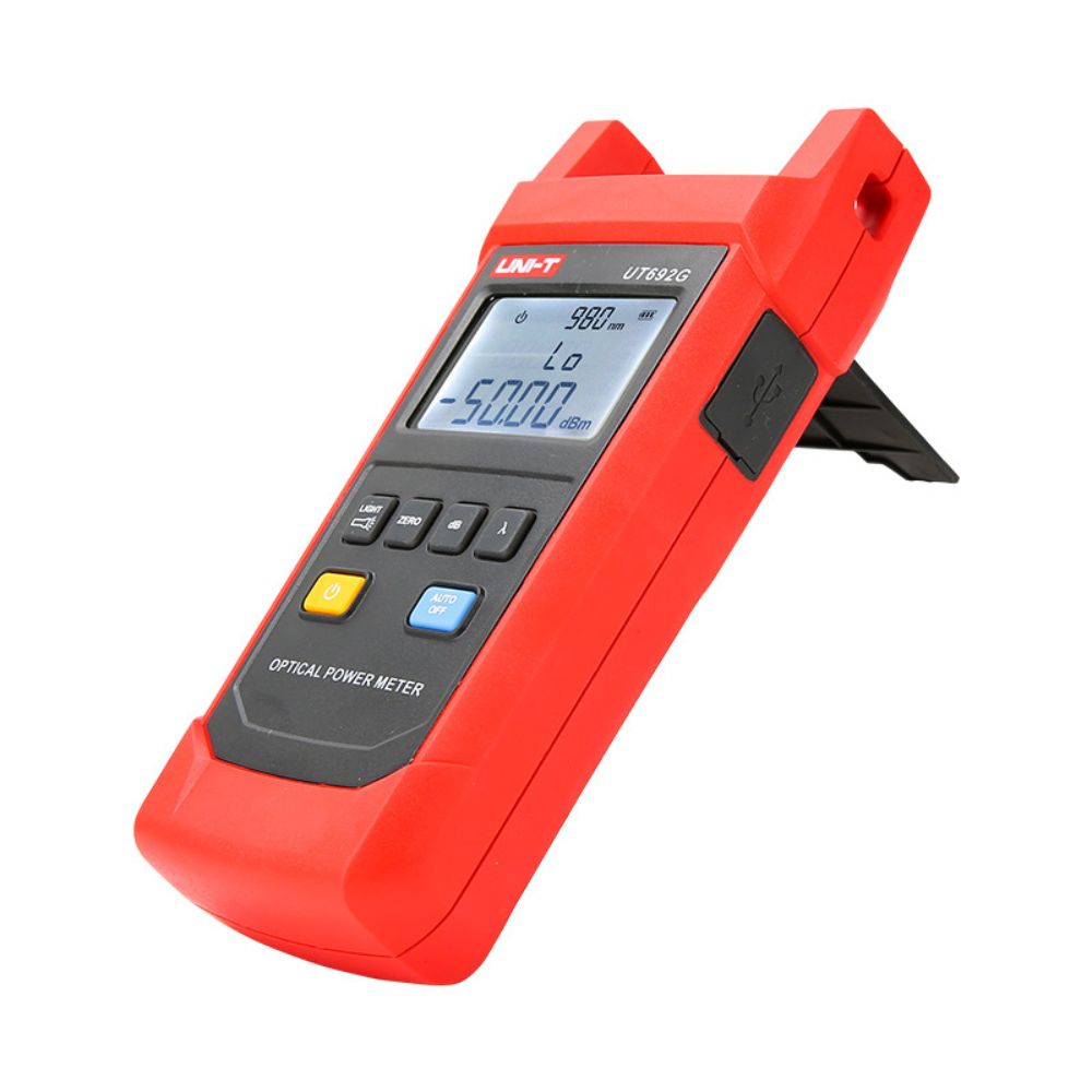 Side profile of the UT692G optical power measuring tool with the rear kickstand deployed for hands-free field testing.