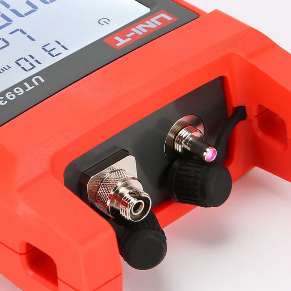 Close-up of the universal FC, SC, and ST optical connector interface on the UT692G high-power signal measuring device.