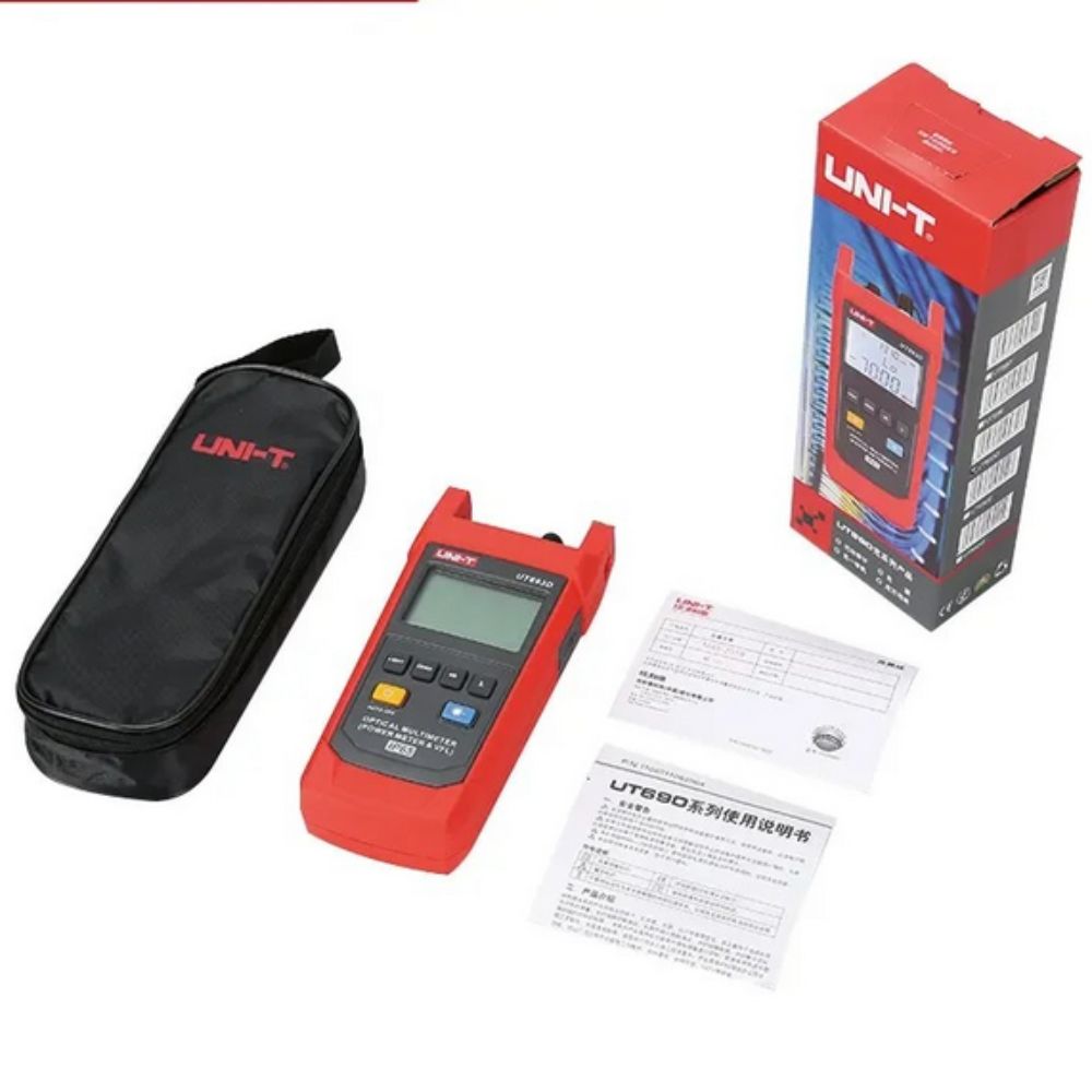 Complete package contents for the UT693D all-in-one optical measuring device, including the multimeter unit, protective accessories, and documentation.
