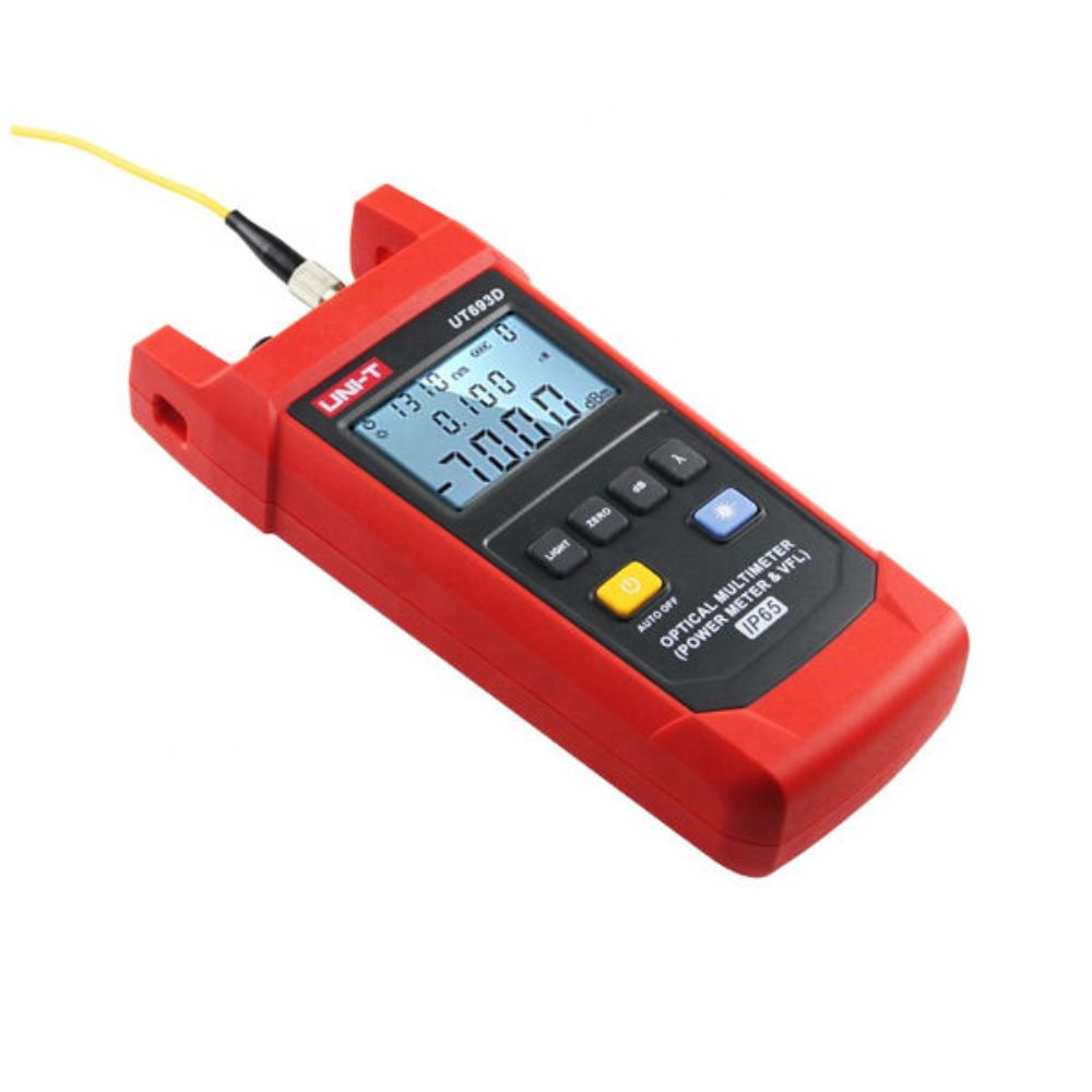 The UT693D optical multimeter with a fiber patch cable actively connected, ready to measure network attenuation and locate macro-bends.