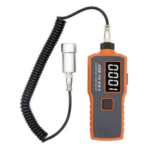 Front view of the VICTOR VC63B digital vibrometer, displaying the clear LCD screen and measurement control interface for rotating machinery diagnostics.