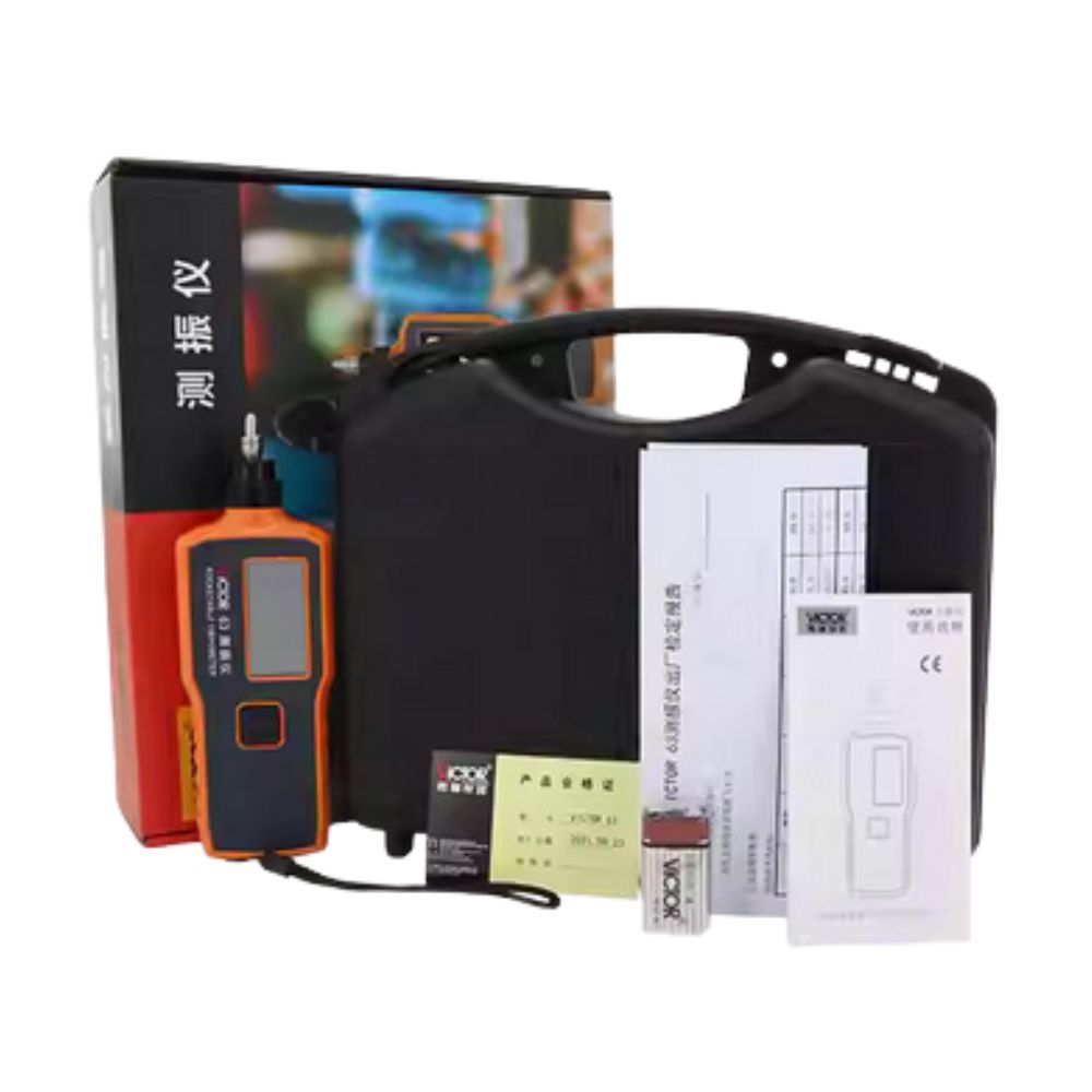 Complete VICTOR VC63B split-type vibrometer kit, including the main diagnostic unit, magnetic acceleration transducer probe, and connecting signal cables.