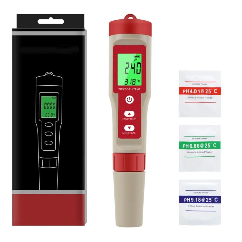Yieryi 4-in-1 pH TDS EC Temperature Meter full kit retail box 3 calibration packets pH 4.01 6.86 9.18 batteries - hydroponics pool tester Sri Lanka